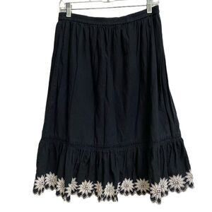 Charter Club Midi Black Skirt Size12P White Floral Embroidery Boho Hippie Emo